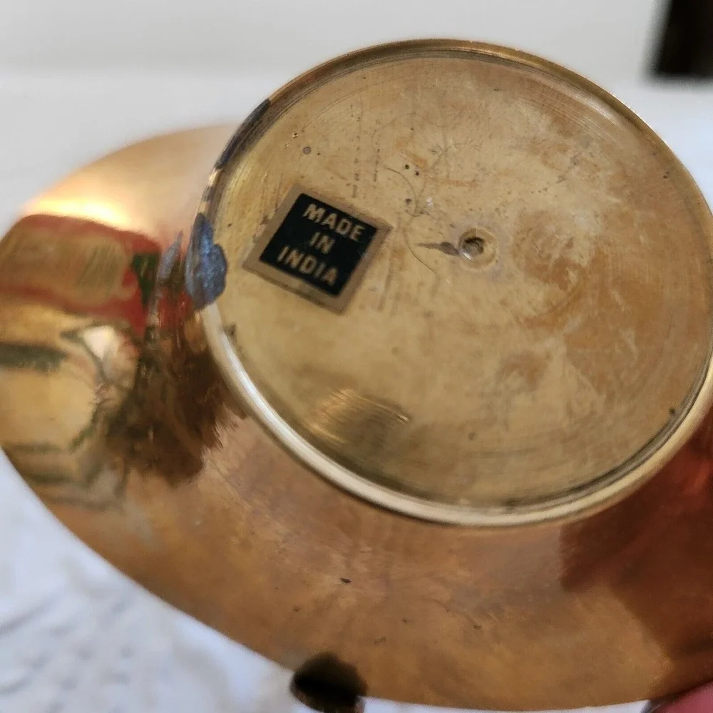 Vintage Miniature Brass Trinket Ring Flower Basket with Handle Made In India‎